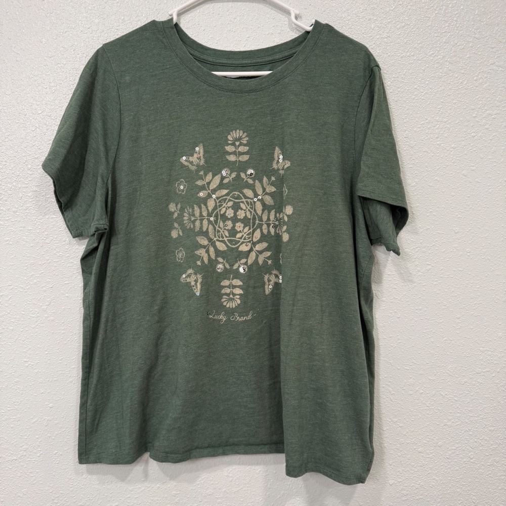 Lucky Brand Womens 2X Green Graphic Tee Butterfly Floral Sequin Short Sleeve Top